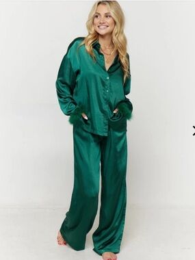 Kittenish Green Satin Button-Down Pajama Set with Feather Cuffs